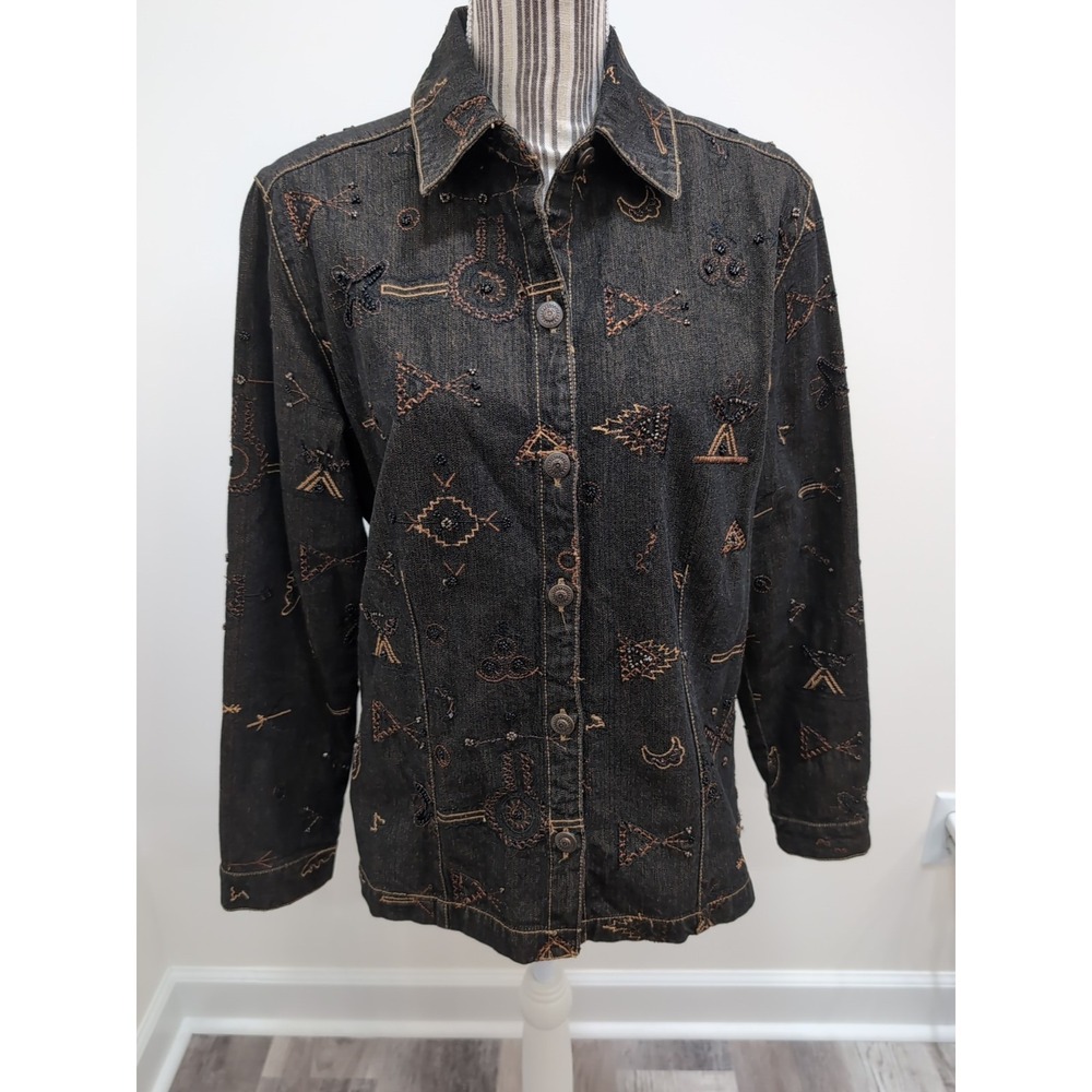 Chicos Jacket Womens 1 Black Embroidered Beaded Denim Southwestern‎ Silk Lined